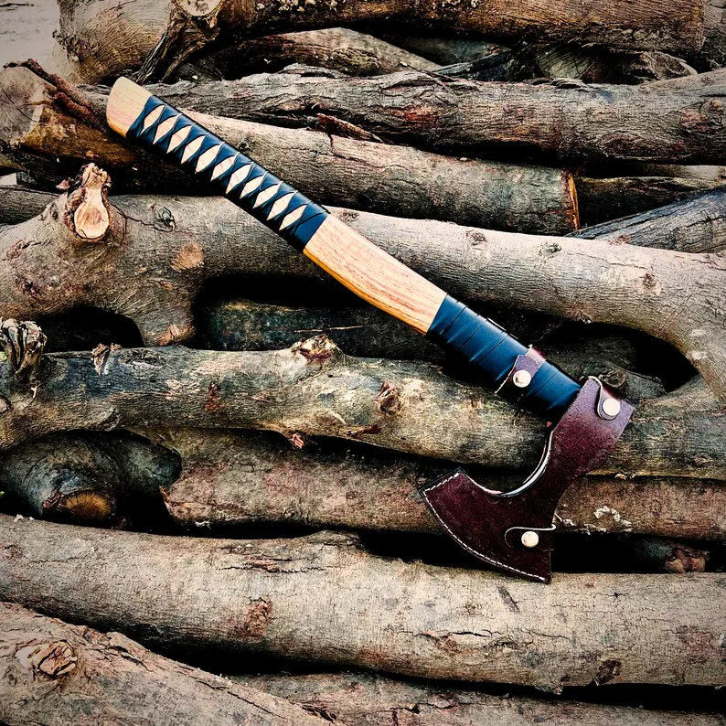 VW-5 Handmade Viking Axe, Forged axe with leather sheath, - Valknut Warriors