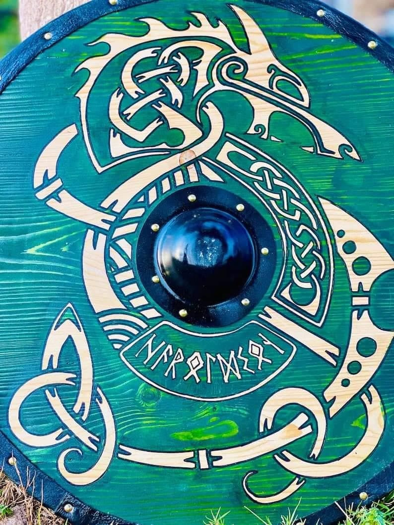 Handcrafted Viking Shield - Norse Dragon & Runes Wooden Round Shield