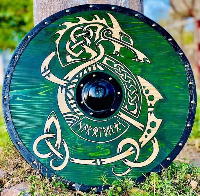 Handcrafted Viking Shield - Norse Dragon & Runes Wooden Round Shield