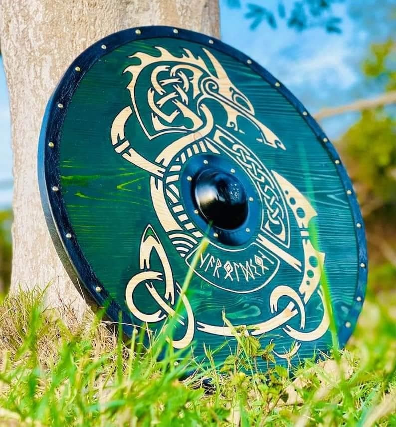 Handcrafted Viking Shield - Norse Dragon & Runes Wooden Round Shield