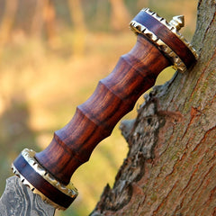Hand Forged Damascus Steel Greek Falcata Short Sword – Custom Handcrafted Kopis Sword with Carved Rosewood Handle & Brass Accents
