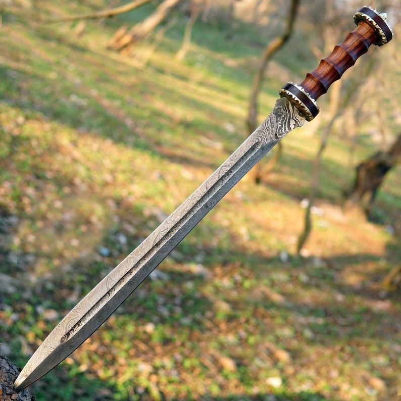 Hand Forged Damascus Steel Greek Falcata Short Sword – Custom Handcrafted Kopis Sword with Carved Rosewood Handle & Brass Accents