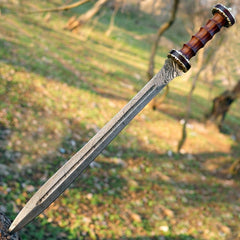 Hand Forged Damascus Steel Greek Falcata Short Sword – Custom Handcrafted Kopis Sword with Carved Rosewood Handle & Brass Accents