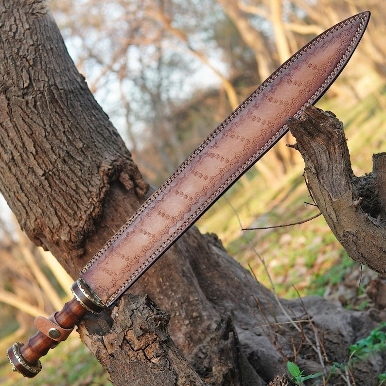 Hand Forged Damascus Steel Greek Falcata Short Sword – Custom Handcrafted Kopis Sword with Carved Rosewood Handle & Brass Accents