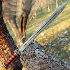 Hand Forged Damascus Steel Greek Falcata Short Sword – Custom Handcrafted Kopis Sword with Carved Rosewood Handle & Brass Accents