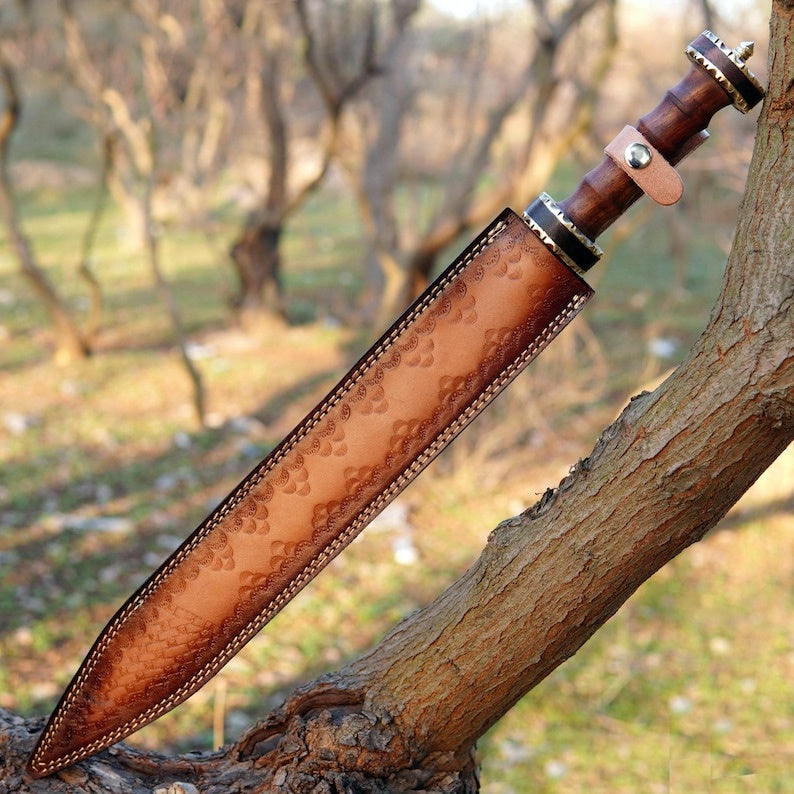 Hand Forged Damascus Steel Greek Falcata Short Sword – Custom Handcrafted Kopis Sword with Carved Rosewood Handle & Brass Accents