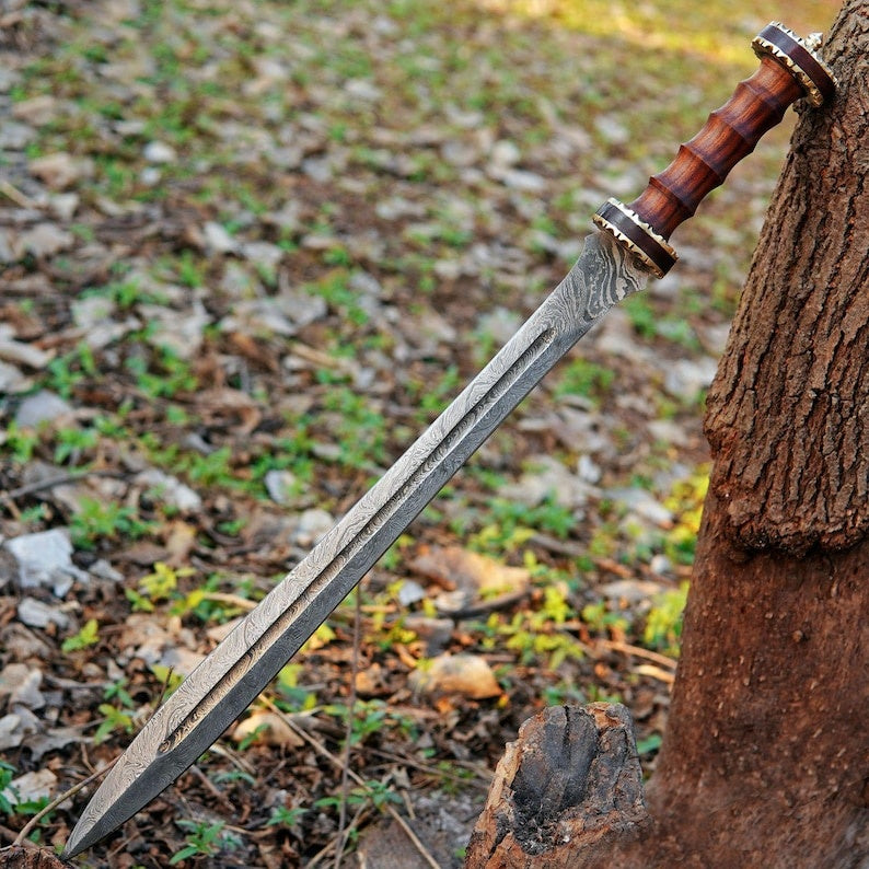 Hand Forged Damascus Steel Greek Falcata Short Sword – Custom Handcrafted Kopis Sword with Carved Rosewood Handle & Brass Accents
