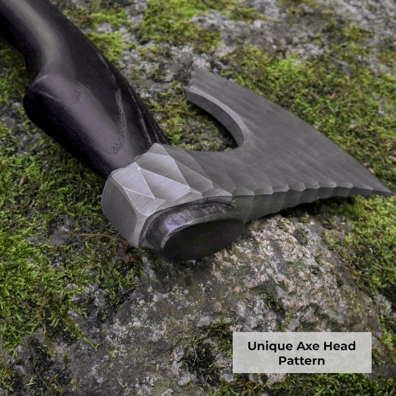 “Handmade Viking Hatchet – Custom Engraved Functional Camping Axe with Sheath & Runic Wooden Box”