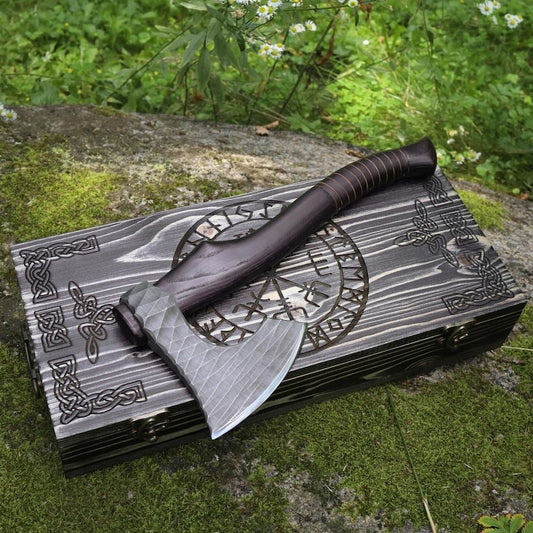 “Handmade Viking Hatchet – Custom Engraved Functional Camping Axe with Sheath & Runic Wooden Box”