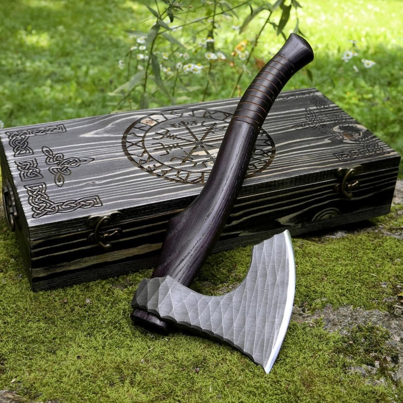 “Handmade Viking Hatchet – Custom Engraved Functional Camping Axe with Sheath & Runic Wooden Box”