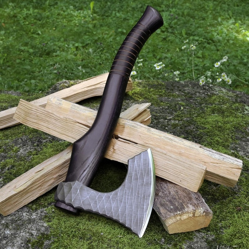 “Handmade Viking Hatchet – Custom Engraved Functional Camping Axe with Sheath & Runic Wooden Box”