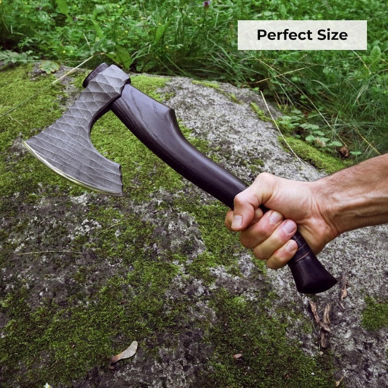 “Handmade Viking Hatchet – Custom Engraved Functional Camping Axe with Sheath & Runic Wooden Box”