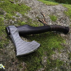 “Handmade Viking Hatchet – Custom Engraved Functional Camping Axe with Sheath & Runic Wooden Box”