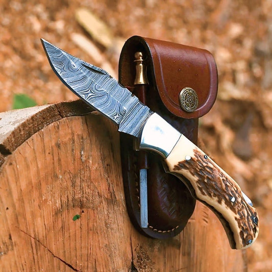 Handmade Damascus Steel Folding Pocket Knife | Horn Handle & Leather Sheath