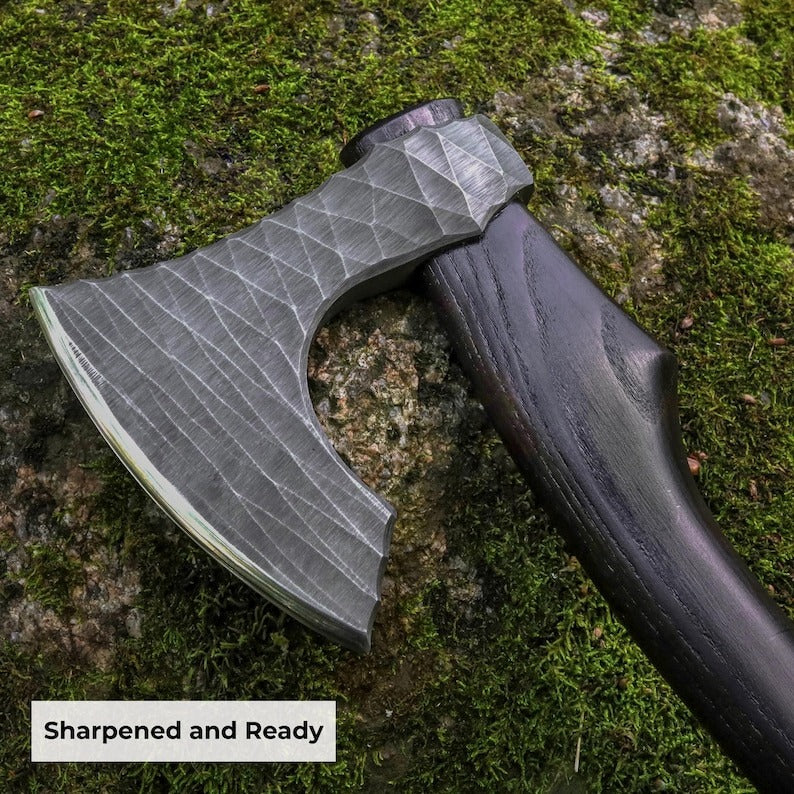 “Handmade Viking Hatchet – Custom Engraved Functional Camping Axe with Sheath & Runic Wooden Box”