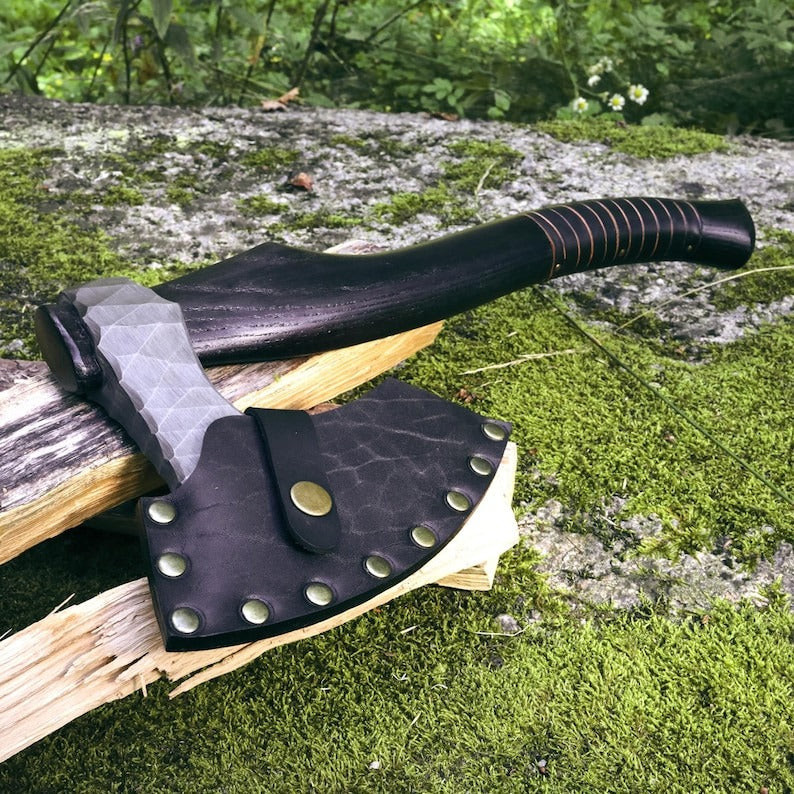“Handmade Viking Hatchet – Custom Engraved Functional Camping Axe with Sheath & Runic Wooden Box”