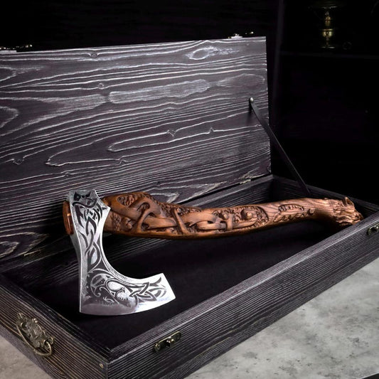 Functional Viking Axe | Carved Wolf Fenrir, Custom Engraving & Sheath