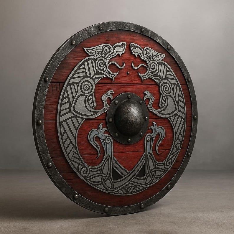 Handcrafted Red Viking Shield – Engraved Norse Wolf Design & Medieval Decor