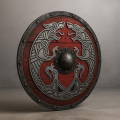 Handcrafted Red Viking Shield – Engraved Norse Wolf Design & Medieval Decor