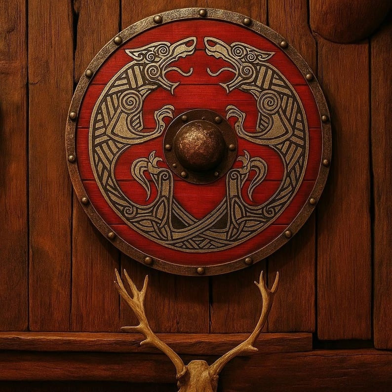 Handcrafted Red Viking Shield – Engraved Norse Wolf Design & Medieval Decor
