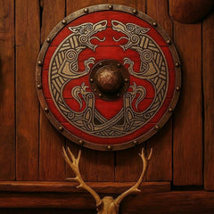 Handcrafted Red Viking Shield – Engraved Norse Wolf Design & Medieval Decor
