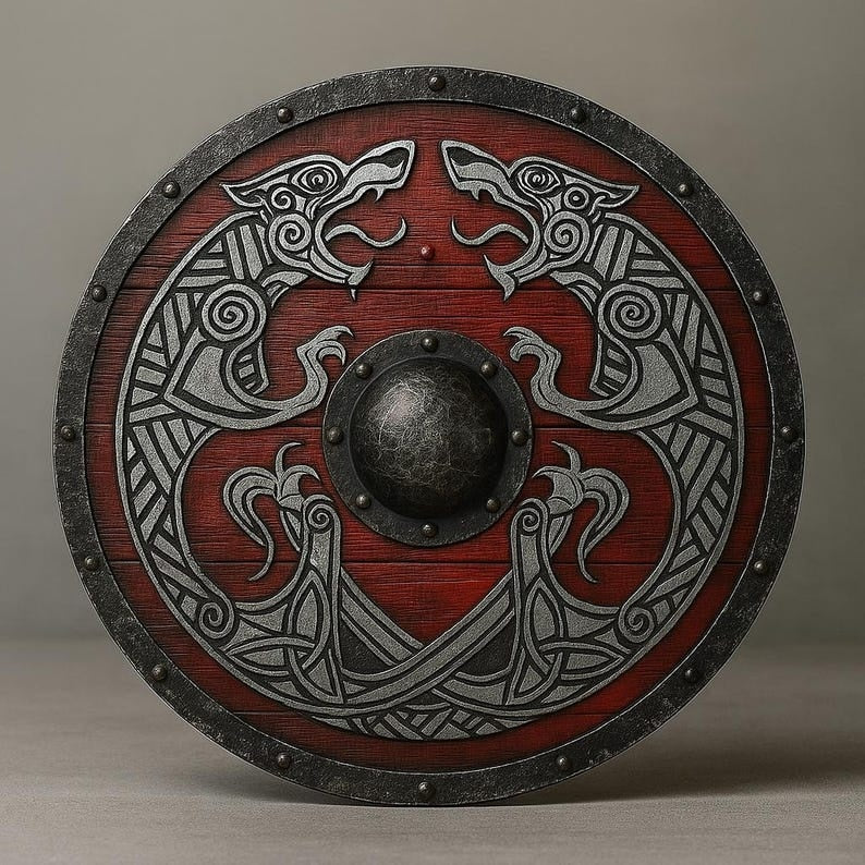 Handcrafted Red Viking Shield – Engraved Norse Wolf Design & Medieval Decor