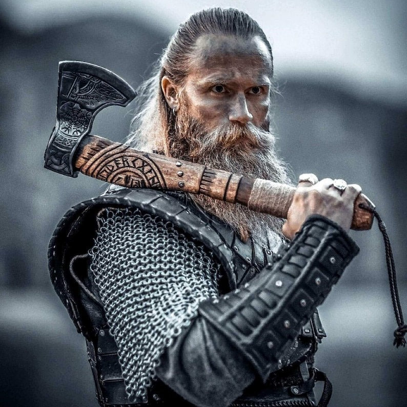 Hand-Carved Viking Axe | Carbon Steel Hatchet with Tribal Wooden Handle