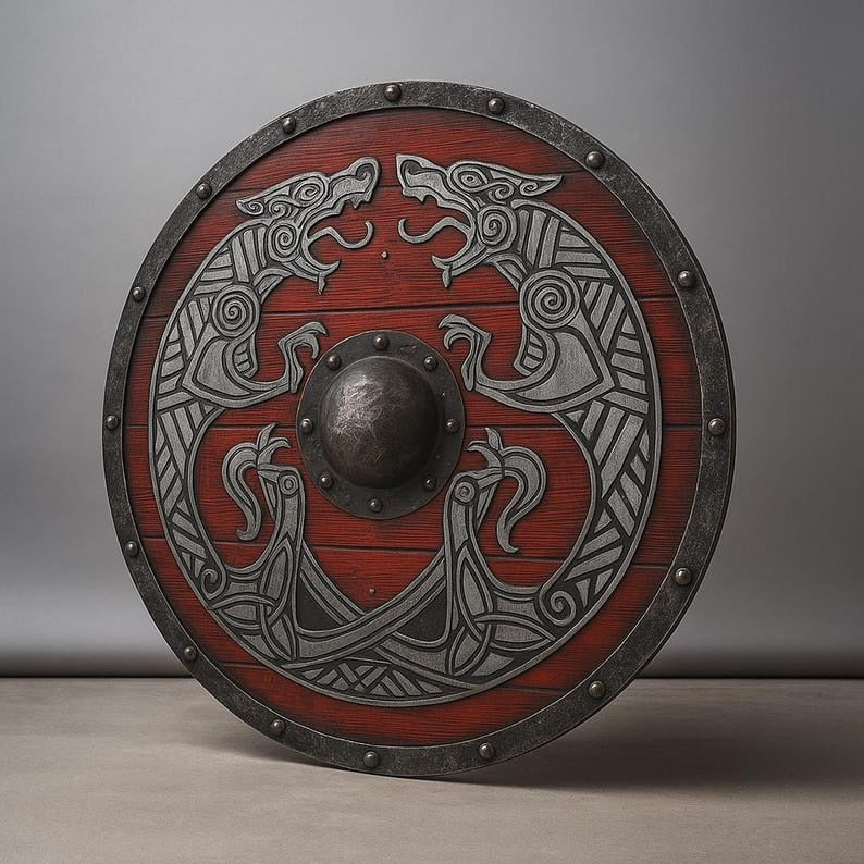 Handcrafted Red Viking Shield – Engraved Norse Wolf Design & Medieval Decor
