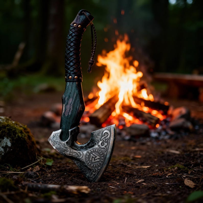 “Custom Handmade Viking Axe – Etched Carbon Steel Blade with Ash Wood Handle”