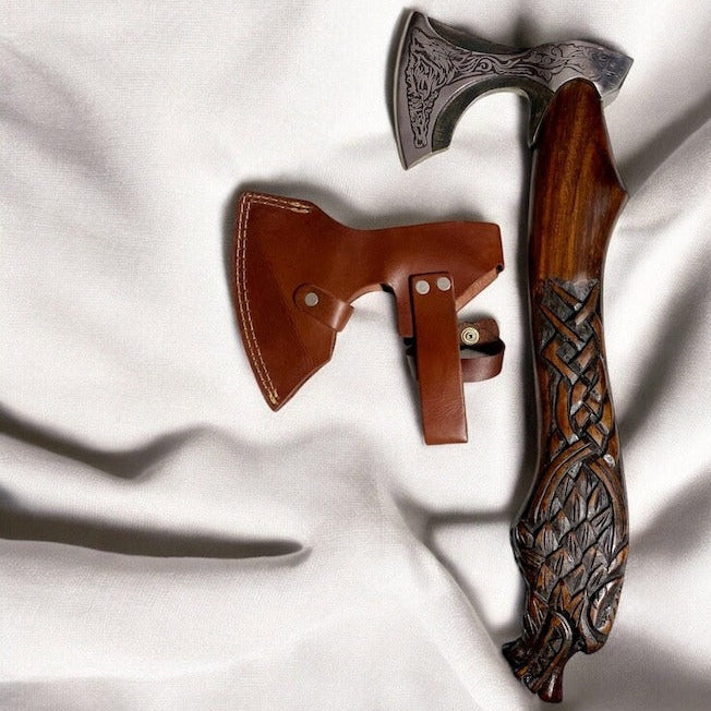 Viking Wolf Axe | Hand-Forged Blade, Carved Wood Handle & Leather Sheath