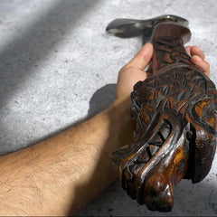 Viking Wolf Axe | Hand-Forged Blade, Carved Wood Handle & Leather Sheath