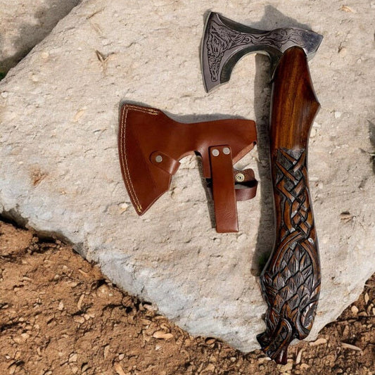 Viking Wolf Axe | Hand-Forged Blade, Carved Wood Handle & Leather Sheath