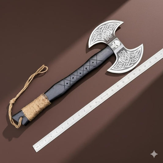 Viking Style Double-Blade Axe | Engraved Norse Knotwork Handle | Collectible Display Piece