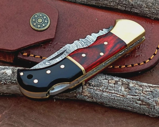 Handmade Damascus Steel Back Lock Folding Pocket Knife | Black Horn & Red Wood Handle