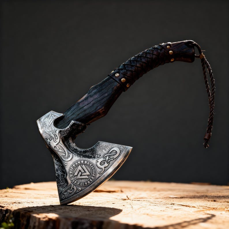 “Custom Handmade Viking Axe – Etched Carbon Steel Blade with Ash Wood Handle”