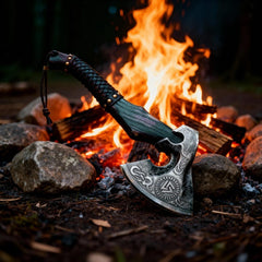 “Custom Handmade Viking Axe – Etched Carbon Steel Blade with Ash Wood Handle”