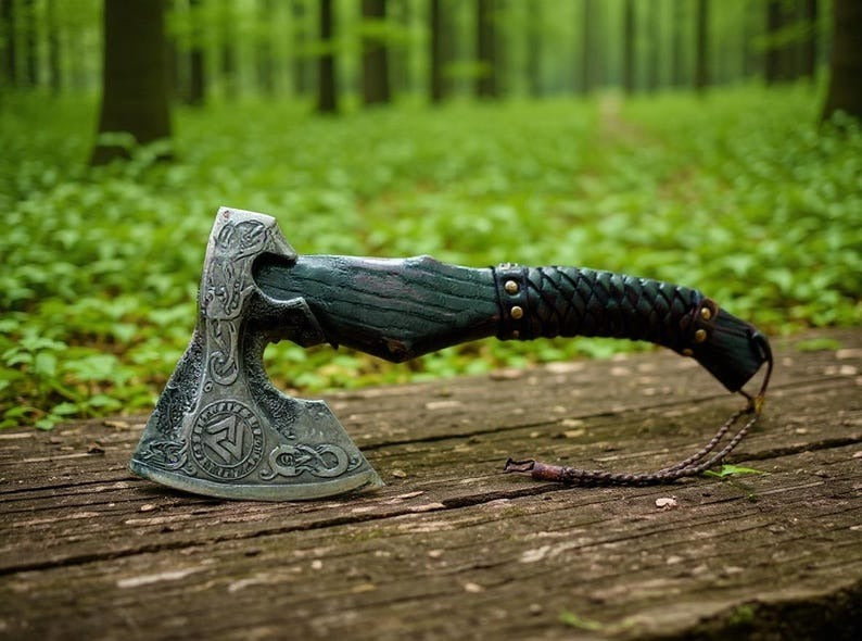 “Custom Handmade Viking Axe – Etched Carbon Steel Blade with Ash Wood Handle”