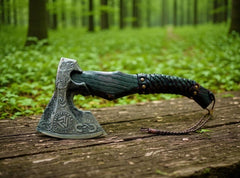 “Custom Handmade Viking Axe – Etched Carbon Steel Blade with Ash Wood Handle”