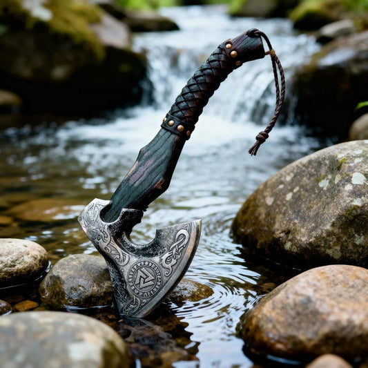 “Custom Handmade Viking Axe – Etched Carbon Steel Blade with Ash Wood Handle”
