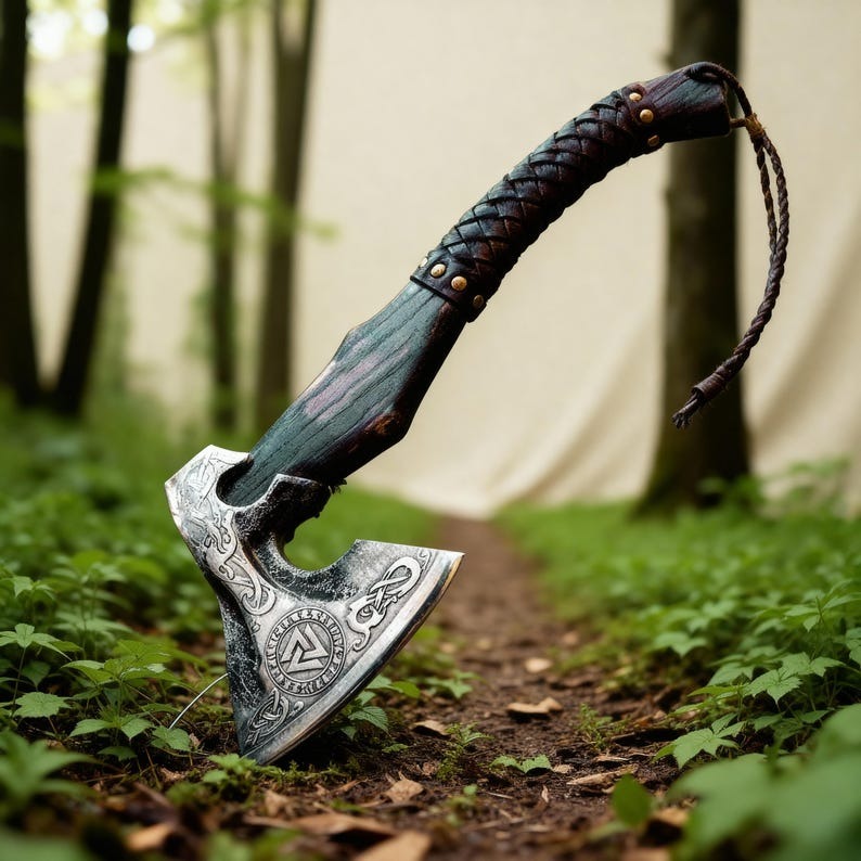 “Custom Handmade Viking Axe – Etched Carbon Steel Blade with Ash Wood Handle”