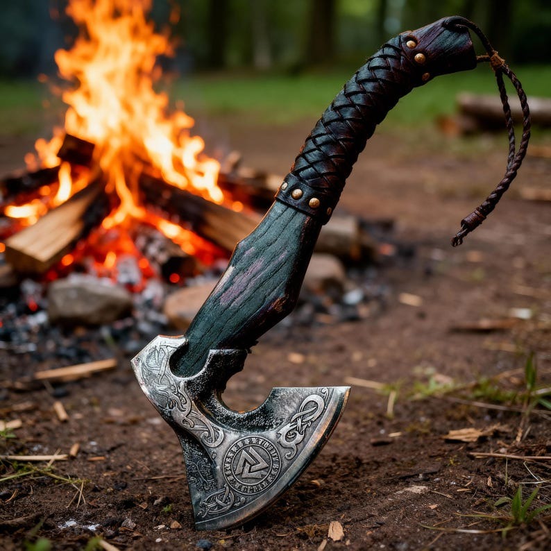“Custom Handmade Viking Axe – Etched Carbon Steel Blade with Ash Wood Handle”
