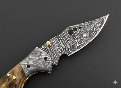 Damascus Pocket Knife with Ram Horn Handle | Hand-Forged Folding EDC Gift
