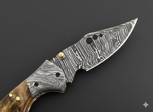 Damascus Pocket Knife with Ram Horn Handle | Hand-Forged Folding EDC Gift