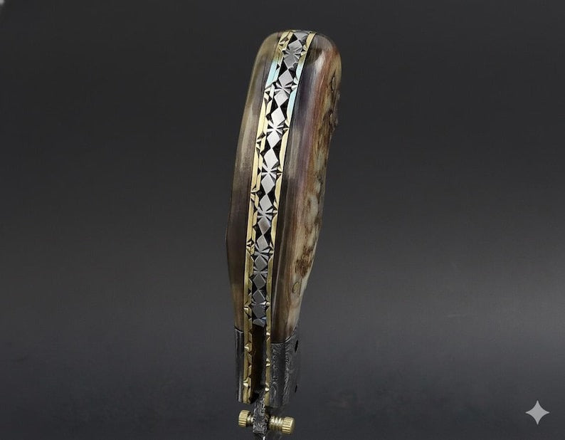 Damascus Pocket Knife with Ram Horn Handle | Hand-Forged Folding EDC Gift