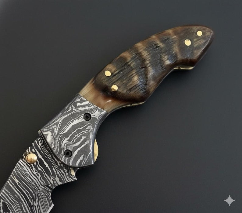 Damascus Pocket Knife with Ram Horn Handle | Hand-Forged Folding EDC Gift