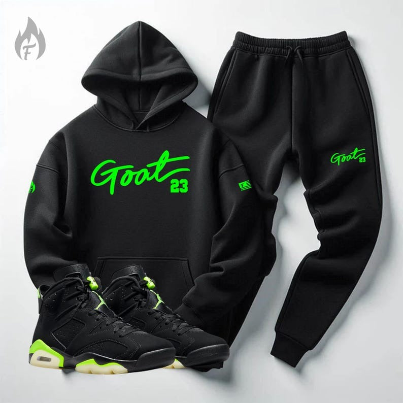 Men Black Sweatsuit Match Jordan 6 Electric Black Neon 23 Legend Hoodie Joggers