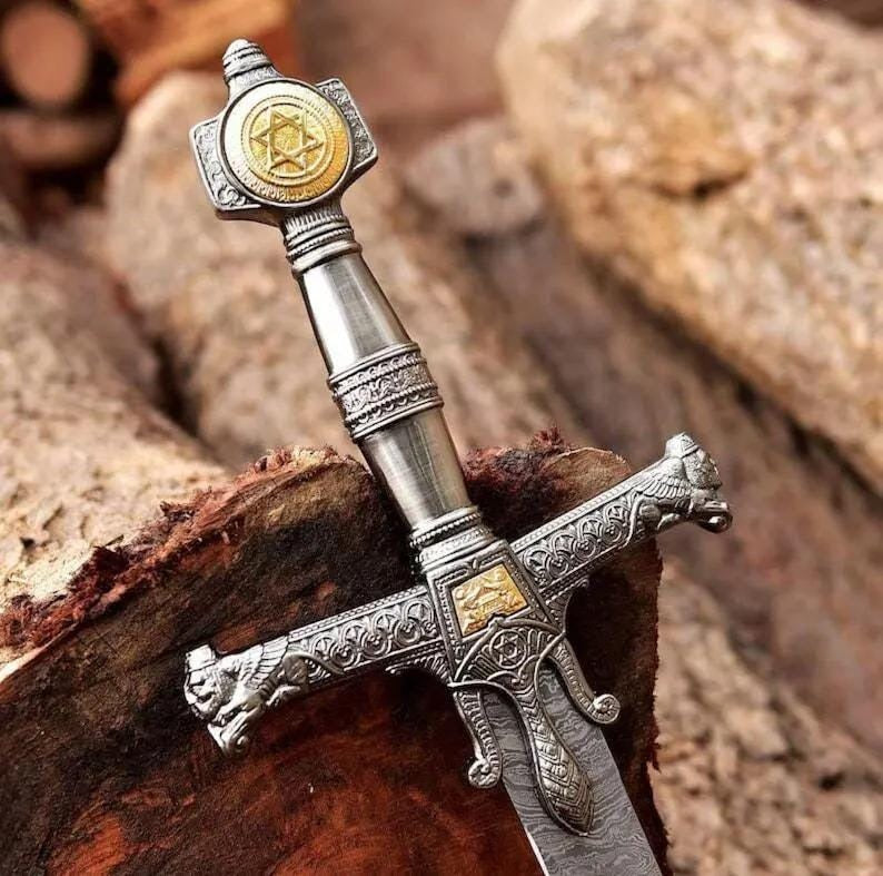 Handmade Damascus Steel King Solomon Sword | Medieval Display with Leather Sheath