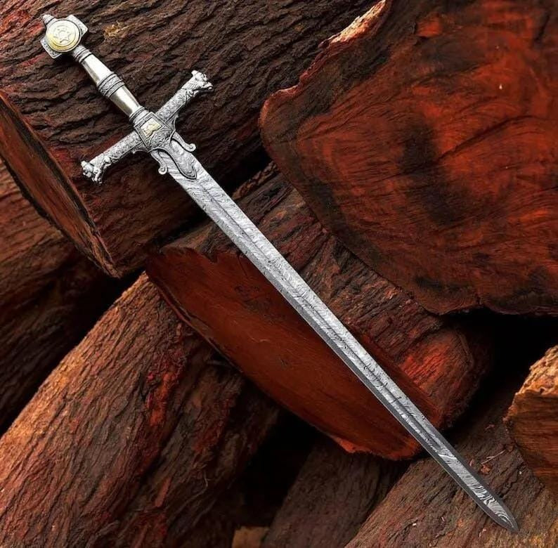 Handmade Damascus Steel King Solomon Sword | Medieval Display with Leather Sheath