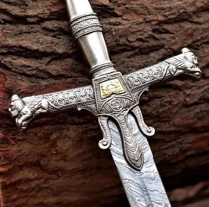 Handmade Damascus Steel King Solomon Sword | Medieval Display with Leather Sheath