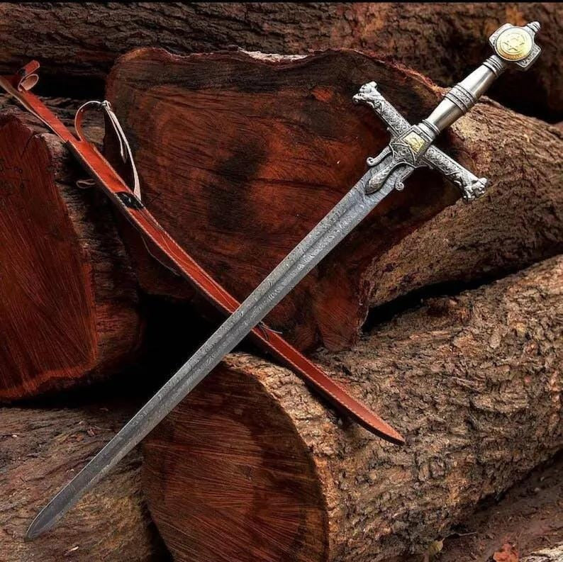 Handmade Damascus Steel King Solomon Sword | Medieval Display with Leather Sheath